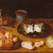 Jacob De Gheyn Ii - Still Life Of Fruit, With Glasswork And A Bun, On A Wooden Ledge, Ca 1600 Art Print