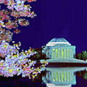 Jefferson Memorial With Cherry Blossoms At Night Art Print