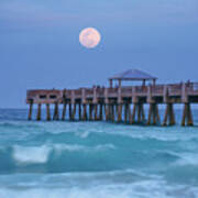 Juno Beach Pier Bluewater Moon Rise Atlantic Ocean Art Print