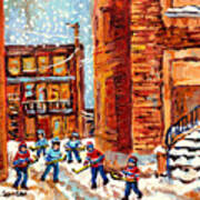 Laneway Street Hockey Game Kids Winter Fun Snow Falling Montreal Art Scene C Spandau Canadian Artist Art Print