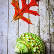 Leaf And Shell On Old Wood Planks Art Print