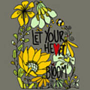 Let Your Heart Bloom - Mint Green And Yellow And Black Line Art Art Print