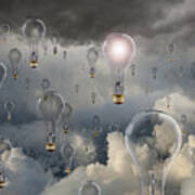 Light Bulbs Floating In Clouds Art Print