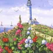 Lighthouse And Hollyhocks Art Print