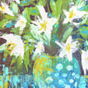 Lilies In Teal Polka Dots Art Print
