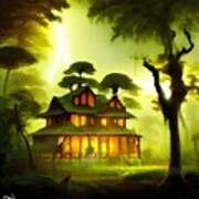 Lit House In Forest Art Print
