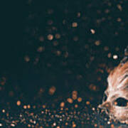Luxury Venetian Mask On Dark Godlen Bokeh Background Art Print