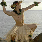 Male Hula Dancer Poses On The Beach In A Traditional Sun Worship Move. Art Print