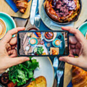 Man Photographing Breakfast In A Cafe With Smartphone Art Print