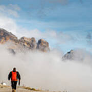 Man Trekking At The Hiking Path At Tre Cime In South Tyrol In Italy. Art Print