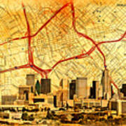 Map Of Downtown Dallas With The Skyline Of The City Blended On Old Paper Art Print