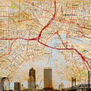 Map Of Downtown Jacksonville, Florida, And Skyline Blended On Old Paper Art Print