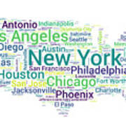 Map Of The United States With Word Cloud Of City Names Art Print