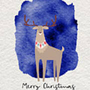 Merry Christmas Blue Watercolor Deer Art Print