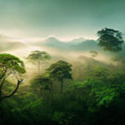 Misty Jungle Rainforest From Above In The Morning. Tropical Fore Art Print