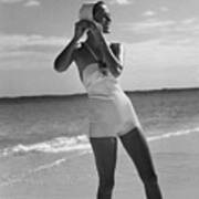 Model On A Beach Fastening Her Bathing Cap Art Print