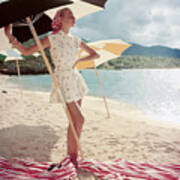 Model Standing Under A Beach Umbrella Art Print