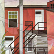 Modern Conveniences - Outer Staircase And Red Facade Art Print
