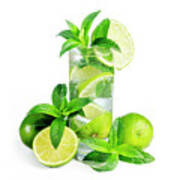 Mojito Cocktail With Ice Isolated Over White Background. Art Print