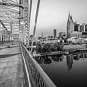 Nashville Skyline And Pedestrian Bridge Black And White Art Print