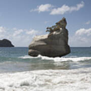 New Zealand, Coromandel, Cathedral Cove, Rock Formation In Ocean Art Print