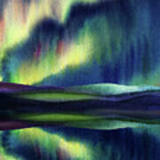 Northern Lake With Aurora Borealis Reflections Painting I Art Print