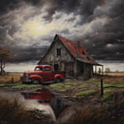 Old Barn And Red Truck Paintings Art Print