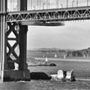 Old Lime Point Fog Station And Sailboats Under Golden Gate Bridge San Francisco Black And White Art Print