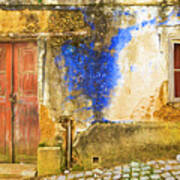 Old Walls And Door Of A Ruined Blue Painted Cottage In The Village Of Alzejur, Algarve, Portugal Art Print