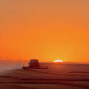 On Fields Of Gold - Combine At Sunset In A Nd Wheat Field Art Print