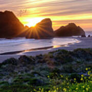 Oregon Coastline Sunset Behind A Large Rock Formations Art Print