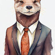 Otter In Suit Watercolor Hipster Animal Retro Costume Art Print