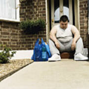 Overweight Man Sits Next To His Shopping On A Doorstep Art Print