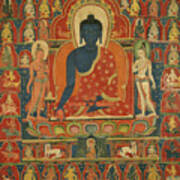 Painted Banner -thangka- With The Medicine Buddha -bhaishajyaguru-. Tibet, Central Tibet. Art Print