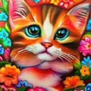 Painting Blooming Curiosity Animal Cute Kitten Be Art Print
