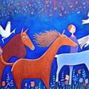 Painting Dreaming Girl With Horses And Foal Art B Art Print