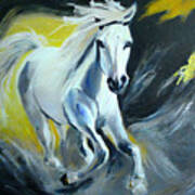 Painting Running White Horse Background Brush Wal Art Print