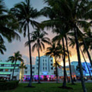 Palm Trees On Ocean Drive South Beach Miami At Night Art Print