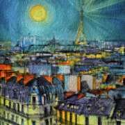 Paris Night Watercolor Painting Mona Edulesco Art Print