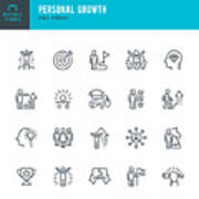 Personal Growth - Thin Line Vector Icon Set. Pixel Perfect. Editable Stroke. The Set Contains Icons: Leadership, Learning, Career, Skill, Motivation, Moving Up, Winner, Success, Competition, Ladder Of Success. Art Print