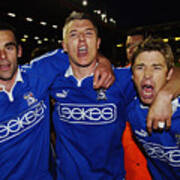 Peter Thorne, Graham Kavanagh And Andy Legg Of Cardiff City Celebrate Art Print