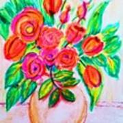 Pink And Orange Floral Bouquet Pastel Chalk Digitally Altered Art Print