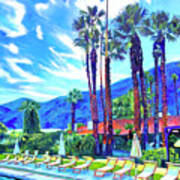 Poolside In Palm Springspalm Springs, Pool, Poolside, Blue, Yellow, Mountain, Storm, Palms, Desert, Art Print
