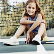 Portrait Of A Young Girl Sitting On A Tennis Court By The Net Art Print
