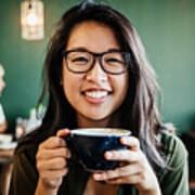 Portrait Of Young Woman Smiling Drinking Coffee Art Print