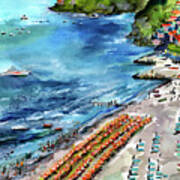 Positano Summer Beach Italy Watercolors And Ink Art Print