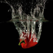 Red Bell Pepper Dropped And Slashing On Water Art Print