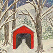 Red Bridge In The Snow Art Print