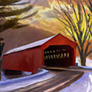 Red Covered Bridge In The Winter Art Print