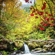 Red Maples At The Smoky Mountain Waterfall Art Print